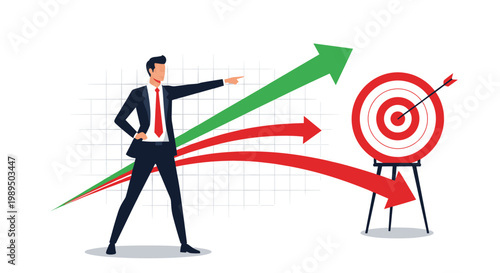 Successful businessman points towards a target while arrows illustrate paths to achievement or failure.
