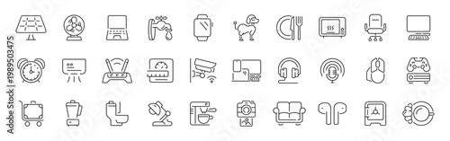 Electronic devices linear icon set with editable stroke in thin line outline style