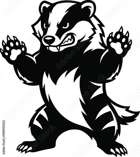 An aggressive badger mascot standing ready for action in black and white.