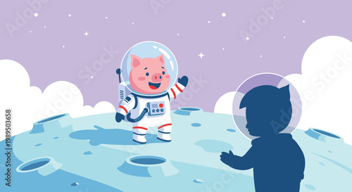 Whimsical illustration of a cute pig astronaut waving to a child's silhouette on the surface of the moon in the deep dark of outer space.