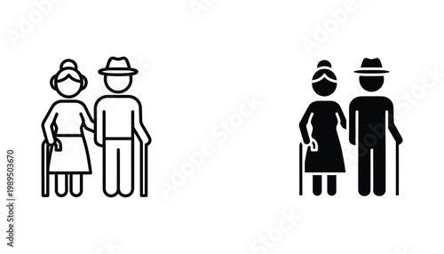 Elderly couple standing together with walking canes icon set for senior care and retirement lifestyle services