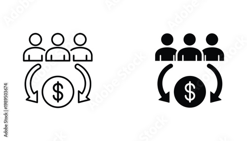 Business team exchanging money with dollar icon and circular arrows vector graphic symbolizing financial transactions