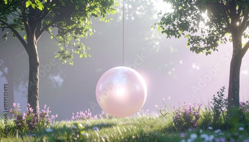 Glowing pink pearl floating in misty forest clearing with soft sunlight