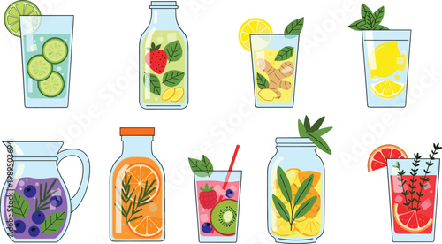 Fruit Infused Detox Water and Botanical Spa Beverage Icon Set Featuring Cucumber Lime Strawberry Basil Ginger Lemon and Rosemary Citrus Infusions