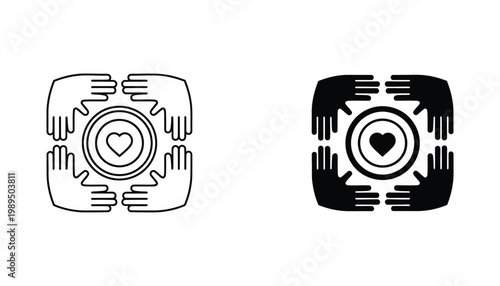 Unified team collaboration and community support heart center icon set for social care and charity initiatives