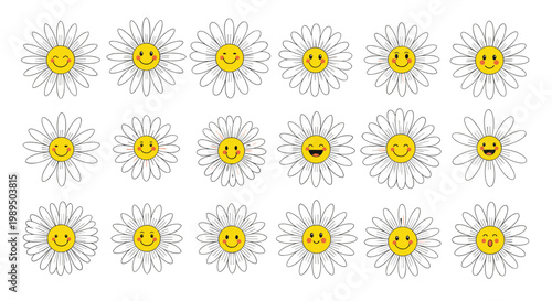 Cheerful collection of eighteen daisy flowers with unique happy smiley faces on yellow centers isolated on a plain white background.