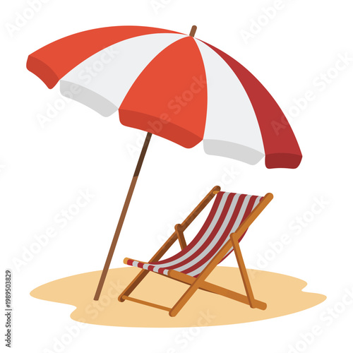 Beach Umbrella and Wooden Deck Chair – Summer Vacation Vector Illustration
