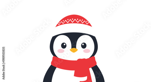 Portrait of a cute cartoon penguin wearing a festive red winter hat and a cozy warm scarf isolated on a white background for holidays.