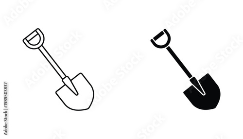 Sturdy garden shovel icon for landscaping and construction projects shown in both detailed line art and bold solid black vector graphics for agricultural or home improvement design applications