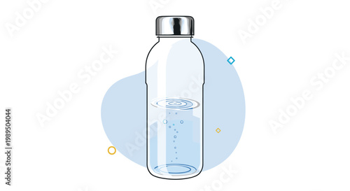 Reusable glass water bottle partially filled with clear liquid and featuring a sleek silver cap on a soft blue abstract background shape.