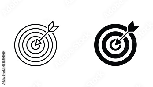 Target with arrow icon set representing success and goal achievement in minimalist line and solid black vector design for business strategy and marketing presentations