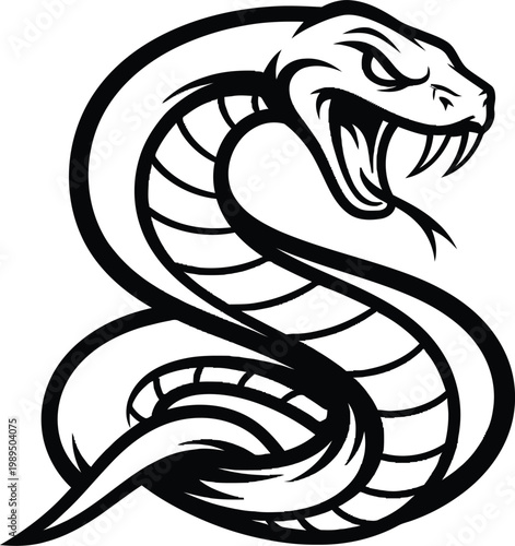 A coiled snake with an open mouth, fangs, and tongue extended in a striking pose.