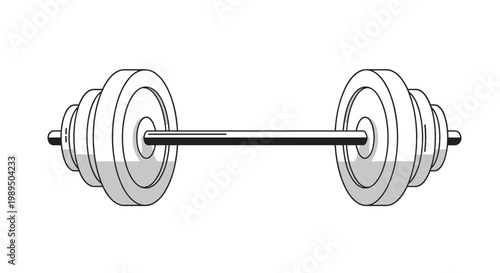 Graphic illustration of a heavy barbell with weight plates for strength training and bodybuilding isolated on a clean white background.