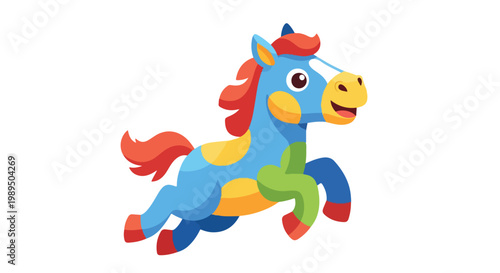 A colorful cartoon horse with a green saddle runs against a plain white background in a dynamic pose.