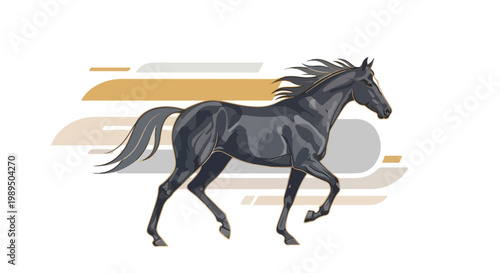 Illustration of a dark gray horse in motion with a dynamic mane and tail against abstract yellow, gray, and beige background.