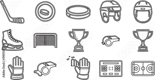 Collection of Ice Hockey Line Icons for Sports Championship, Equipment, and Competition Design