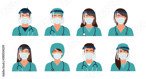 Group of eight healthcare professionals wearing surgical masks and face shields for safety and protection in a clinic or hospital setting.
