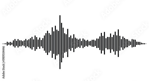 Minimalist black sound wave visualization of an audio signal or voice recording isolated on a plain white background for sound designs.