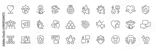 Customer feedback outline icon set: editable stroke for reviews, ratings, and emotions in thin line style