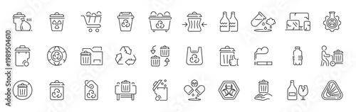 Recycling and waste management icon set in linear style with editable stroke for eco-friendly concepts