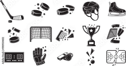 Ice Hockey Action Icon Set Featuring Broken Puck, Equipment, and Game Day Elements
