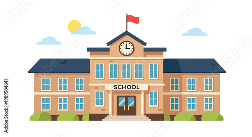 Classic brick school building with a clock tower and a red flag stands under a blue sky with fluffy white clouds and sun.