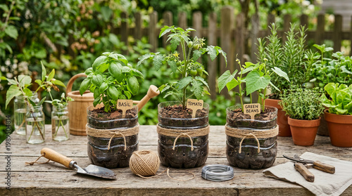 Fotografía A charming sustainable home gardening setup featuring basil, tomato, and green bean plants growing in creative upcycled plastic bottle planters