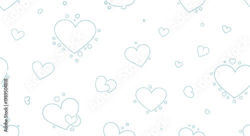 Romantic seamless pattern shows various heart outlines with delicate dotted details and small bubbles on a white background.