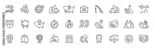 Travel and tourism outline icon set. editable thin line style for vacation, adventure, exploration
