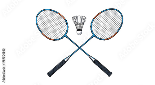 Pair of crossed badminton rackets with a white shuttlecock placed in the center for sports and recreation themed designs.