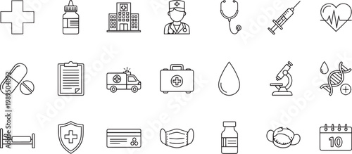 Collection of Medical and Healthcare Line Icons for Hospital, Clinic, and Wellness Services Design