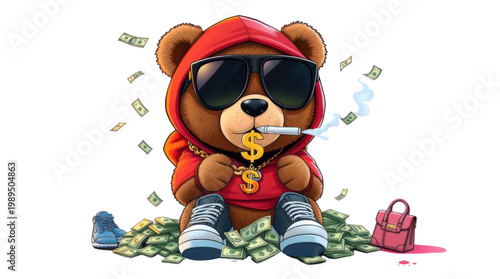 Wealthy Teddy Bear Character with Shades Sitting on Huge Pile of Money and Smoking