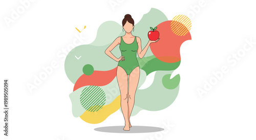 Fit woman in a green swimsuit holds a red apple while standing in front of vibrant abstract shapes and graphic patterns.