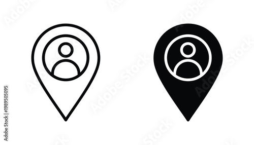 User location pin icon set featuring minimalist human avatar inside map marker in line art and solid black styles