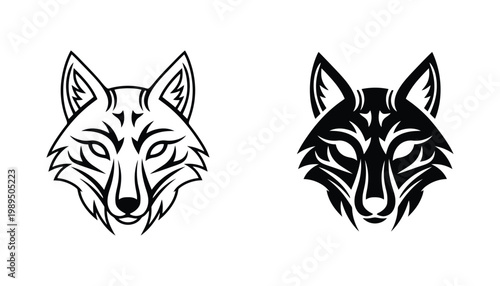 Fox head tribal style emblem set featuring sharp geometric patterns in both outline and solid black fill vector formats for modern logo design and wildlife art projects