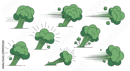 Multiple green smoke or gas cloud illustrations showing dynamic movement and impact effects in a comic book art style.