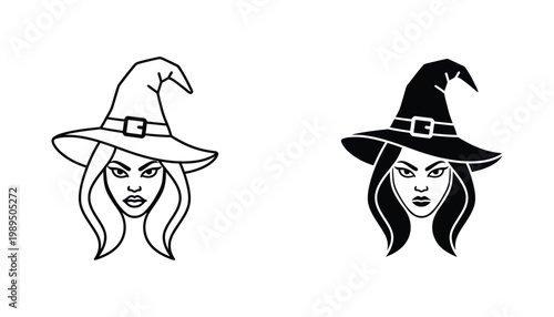 Witch character portrait with buckled hat icon set featuring clean line art and bold solid black silhouette for fantasy themed branding and halloween promotional materials