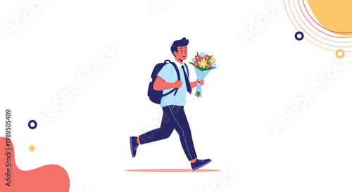 Young schoolboy with a backpack runs happily while carrying a colorful bouquet of flowers under a stylized golden sun.