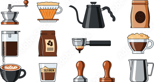Specialty Coffee Brewing and Barista Equipment Vector Icon Set Featuring Hand Grinder Pour Over Gooseneck Kettle French Press Espresso Tamper and Cold Brew