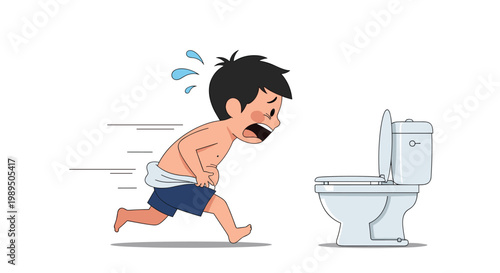 Distressed cartoon boy runs quickly towards a toilet with a look of urgency and beads of sweat flying from his face.