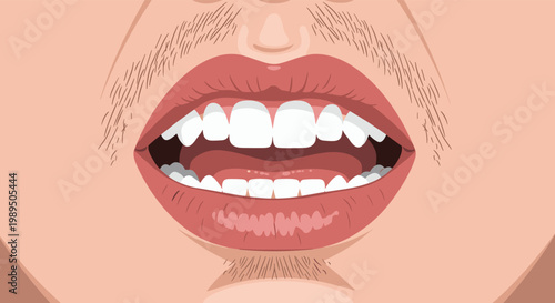 Close up illustration of an open human mouth showing white teeth and lips with slight facial hair on the chin and upper lip.