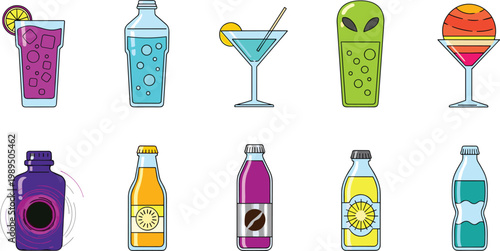 Retro Sci-Fi and Alien Planet Beverage Icon Set Featuring Extraterrestrial Green Alien Soda Cosmic Purple Elixir and Futuristic Neon Cocktails