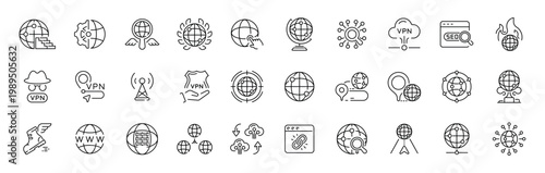 Globe linear icon set with editable thin line stroke for web vpn seo and global communication