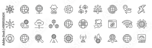 Vpn and internet security icons set. thin outline style with editable stroke for global network protection