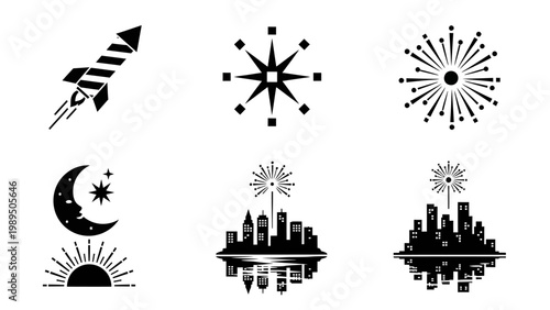 Dynamic black and white vector icon set capturing celebratory fireworks, serene celestial elements, and reflective urban skylines for graphic design projects