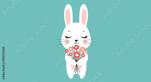 Adorable white bunny rabbit holding a bouquet of colorful red and pink flowers with its eyes closed on a bright teal background.