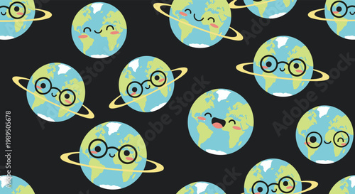 Seamless pattern of cute cartoon Earth planets with faces and rings some wearing glasses on a dark space themed background.