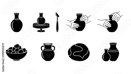 Ceramics and Pottery Making Process Icons Crafting Clay Vessels from Raw Materials to Finished Products