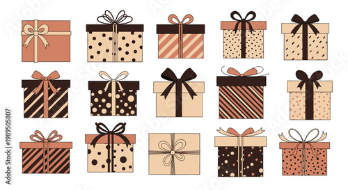 Grid of fifteen different gift boxes wrapped in various brown tones and patterns with elegant ribbons and decorative bows.