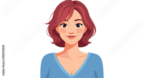 Beautiful woman with wavy reddish brown hair and a friendly smile wearing a blue shirt in a clean flat character illustration.
